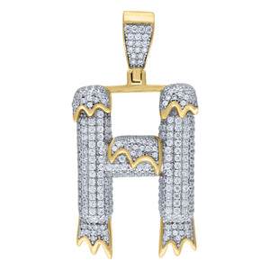 925 Sterling Silver Yellow-tone Unisex CZ Initial Alphabet H Dripping Charm Pendant