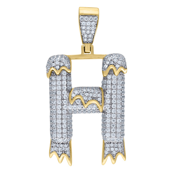 925 Sterling Silver Yellow-tone Unisex CZ Initial Alphabet H Dripping Charm Pendant