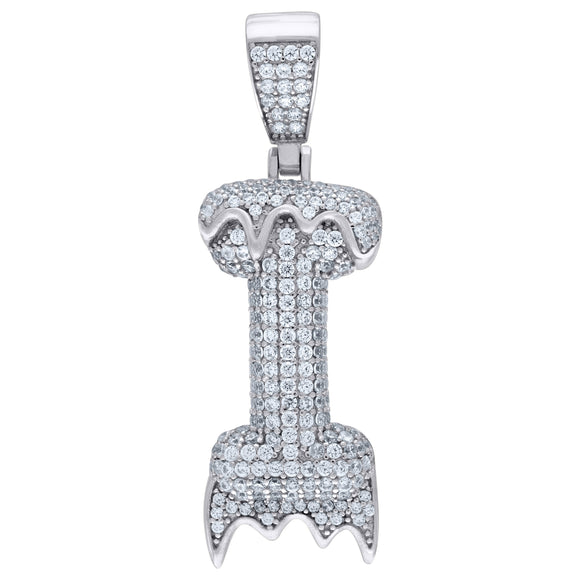 925 Sterling Silver Unisex CZ Initial Alphabet I Dripping Charm Pendant