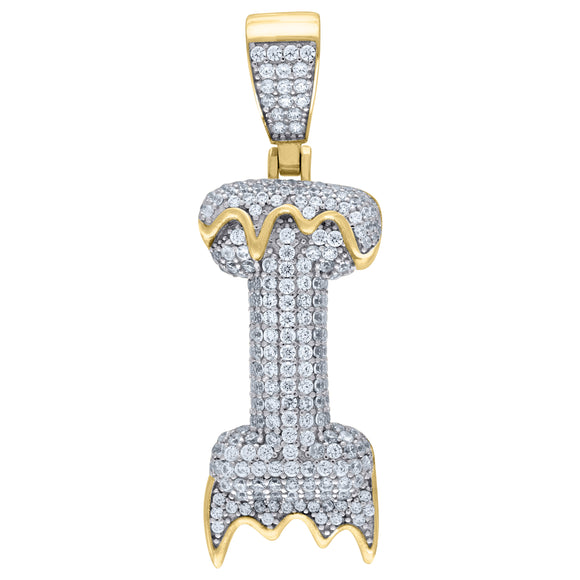 925 Sterling Silver Yellow-tone Unisex CZ Initial Alphabet I Dripping Charm Pendant