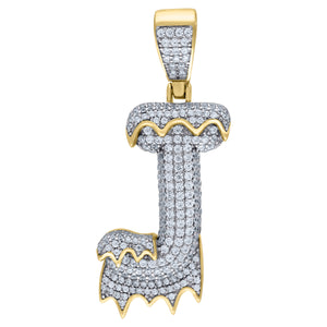 925 Sterling Silver Yellow-tone Unisex CZ Initial Alphabet J Dripping Charm Pendant
