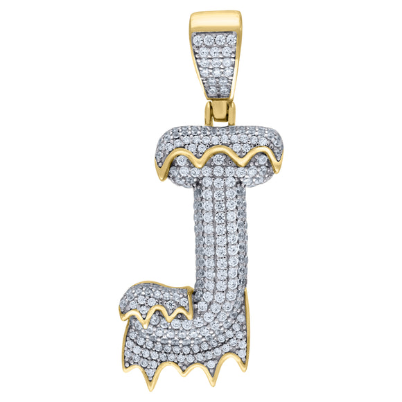 925 Sterling Silver Yellow-tone Unisex CZ Initial Alphabet J Dripping Charm Pendant