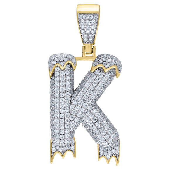 925 Sterling Silver Yellow-tone Unisex CZ Initial Alphabet K Dripping Charm Pendant