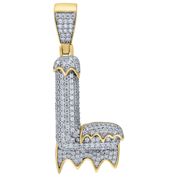 925 Sterling Silver Yellow-tone Unisex CZ Initial Alphabet L Dripping Charm Pendant