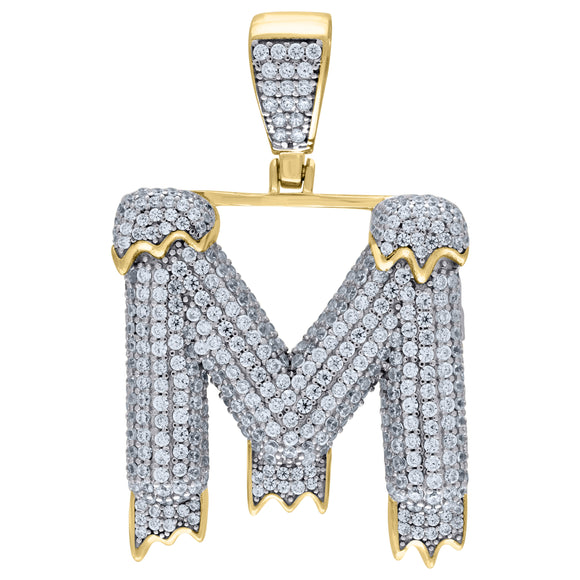 925 Sterling Silver Yellow-tone Unisex CZ Initial Alphabet M Dripping Charm Pendant