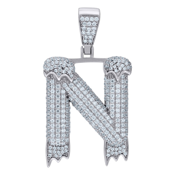 925 Sterling Silver Unisex CZ Initial Alphabet N Dripping Charm Pendant