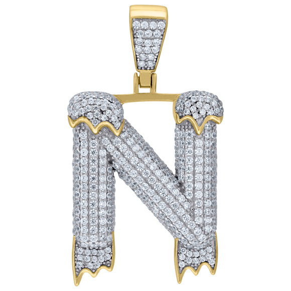 925 Sterling Silver Yellow-tone Unisex CZ Initial Alphabet N Dripping Charm Pendant