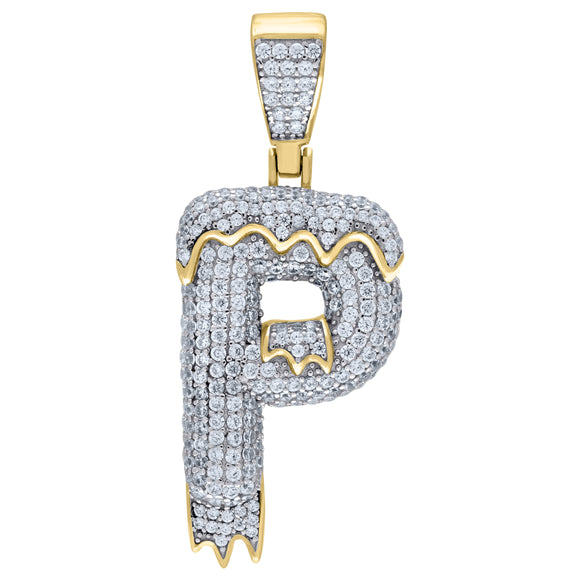 925 Sterling Silver Yellow-tone Unisex CZ Initial Alphabet P Dripping Charm Pendant