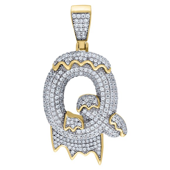 925 Sterling Silver Yellow-tone Unisex CZ Initial Alphabet Q Dripping Charm Pendant