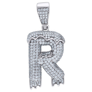 925 Sterling Silver Unisex CZ Initial Alphabet R Dripping Charm Pendant