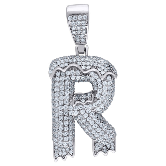 925 Sterling Silver Unisex CZ Initial Alphabet R Dripping Charm Pendant