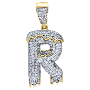 925 Sterling Silver Yellow-tone Unisex CZ Initial Alphabet R Dripping Charm Pendant
