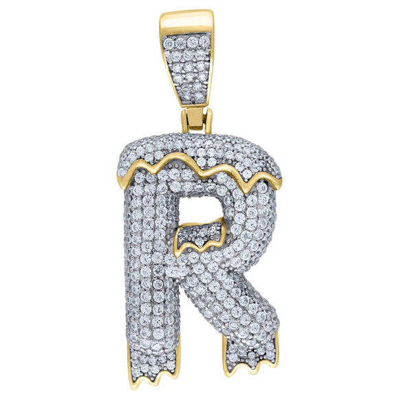 925 Sterling Silver Yellow-tone Unisex CZ Initial Alphabet R Dripping Charm Pendant