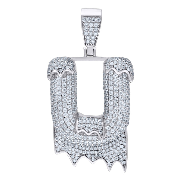 925 Sterling Silver Unisex CZ Initial Alphabet U Dripping Charm Pendant
