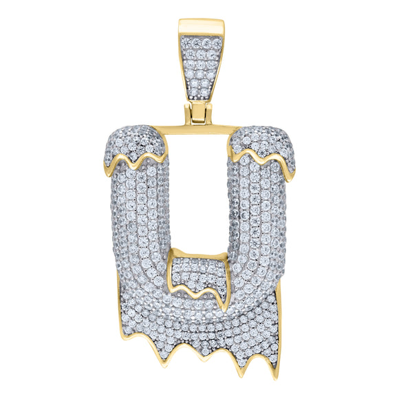 925 Sterling Silver Yellow-tone Unisex CZ Initial Alphabet U Dripping Charm Pendant