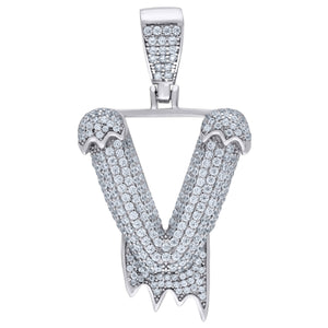 925 Sterling Silver Unisex CZ Initial Alphabet V Dripping Charm Pendant