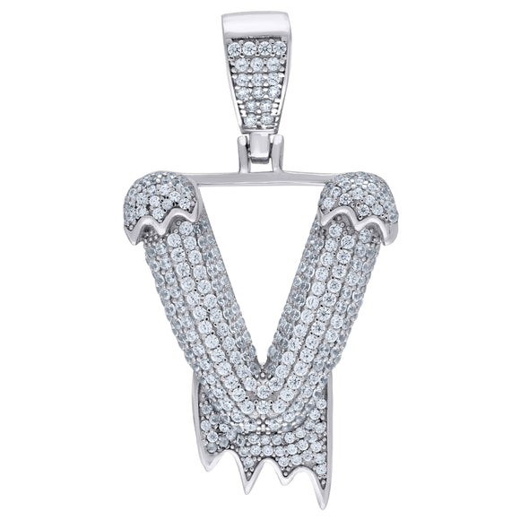 925 Sterling Silver Unisex CZ Initial Alphabet V Dripping Charm Pendant