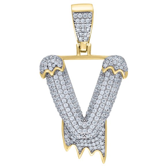 925 Sterling Silver Yellow-tone Unisex CZ Initial Alphabet V Dripping Charm Pendant