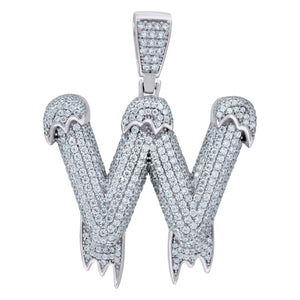 925 Sterling Silver Unisex CZ Initial Alphabet W Dripping Charm Pendant