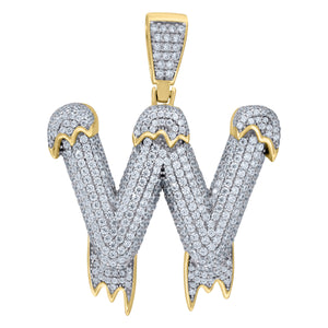 925 Sterling Silver Yellow-tone Unisex CZ Initial Alphabet W Dripping Charm Pendant
