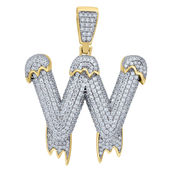 925 Sterling Silver Yellow-tone Unisex CZ Initial Alphabet W Dripping Charm Pendant