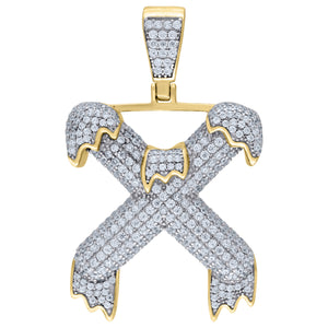925 Sterling Silver Yellow-tone Unisex CZ Initial Alphabet X Dripping Charm Pendant