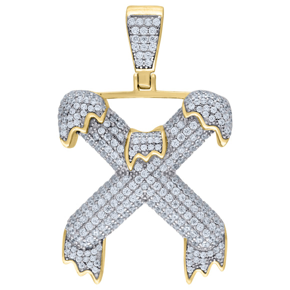 925 Sterling Silver Yellow-tone Unisex CZ Initial Alphabet X Dripping Charm Pendant