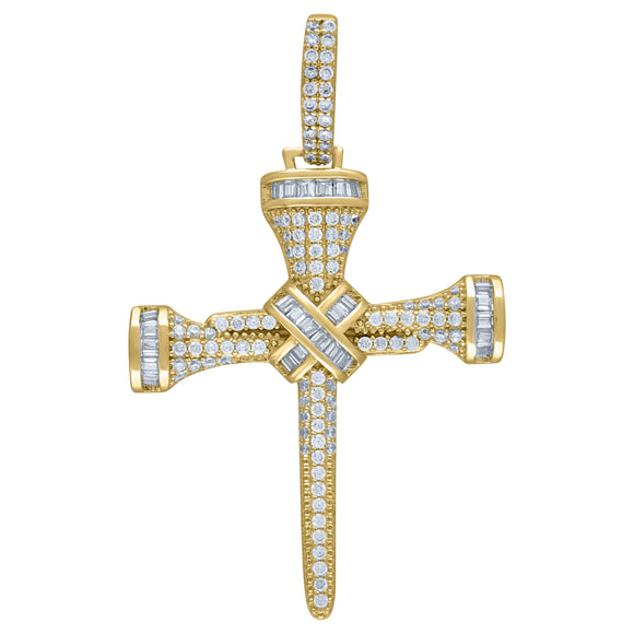 925 Sterling Silver Yellow-Tone Mens Cubic Zirconia Nail Cross Religious Charm Pendant