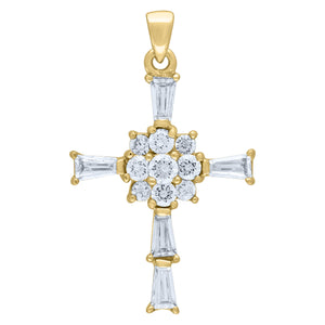 925 Sterling Silver Yellow-Tone Mens Cubic Zirconia Cross Religious Charm Pendant