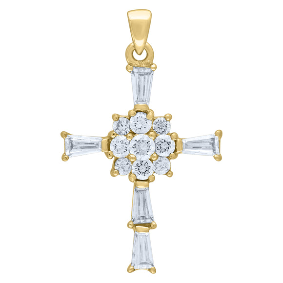 925 Sterling Silver Yellow-Tone Mens Cubic Zirconia Cross Religious Charm Pendant