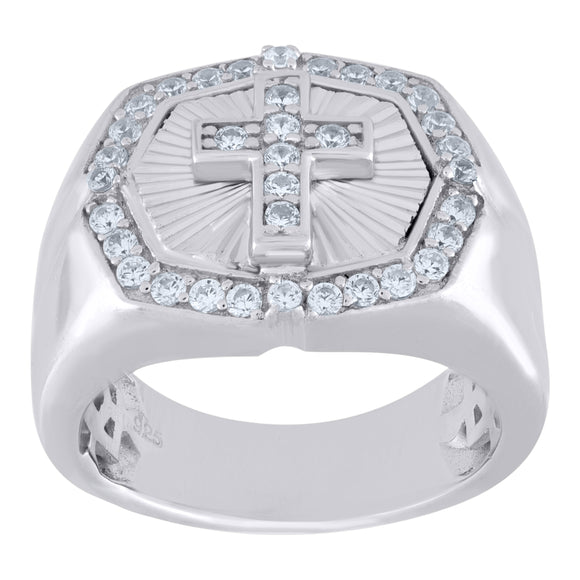 925 Sterling Silver Mens Cubic Zirconia Cross Octagon Religious Ring Size 12