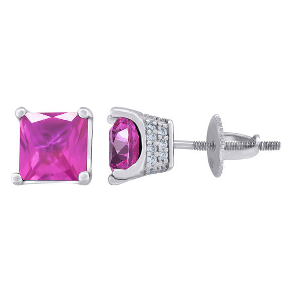 925 Sterling Silver Womens Pink Princess Cut Cubic Zirconia 6mm Square Classic Studs Earrings