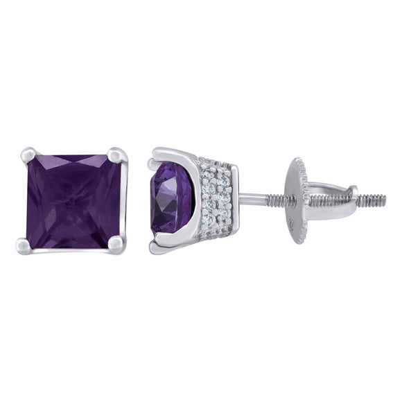 925 Sterling Silver Womens Purple Princess Cut Cubic Zirconia 6mm Square Classic Studs Earrings