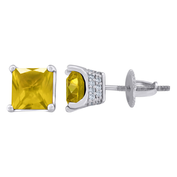 925 Sterling Silver Womens Yellow Princess Cut Cubic Zirconia 6mm Square Classic Studs Earrings