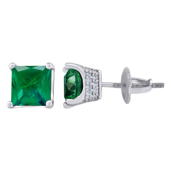 925 Sterling Silver Womens Green Princess Cut Cubic Zirconia 6mm Square Classic Studs Earrings