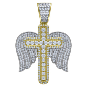 925 Sterling Silver Yellow-tone Unisex CZ Angel Wings Cross Religious Charm Pendant