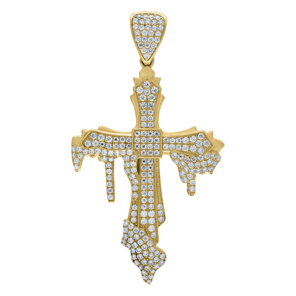 10kt Yellow Gold Mens Women Cubic Zirconia Cubic-zirconia Dripping Cross Religious Charm Pendant