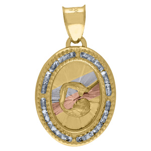 10kt Tri-Color Gold Unisex Cubic Zirconia Cubic-zirconia Religious Stork Carring Babay Oval Charm Pendant