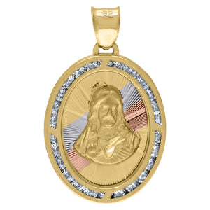 14kt Tri-color Gold Unisex CZ Religious Oval Charm Pendant