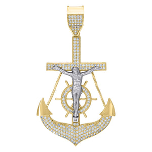 10kt Two-Tone Gold Womens Cubic-Zirconia Religious Anchor Crucifix Charm Pendant