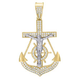 10kt Two-Tone Gold Womens Cubic-Zirconia Religious Anchor Crucifix Charm Pendant