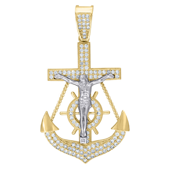 10kt Two-Tone Gold Womens Cubic-Zirconia Religious Anchor Crucifix Charm Pendant