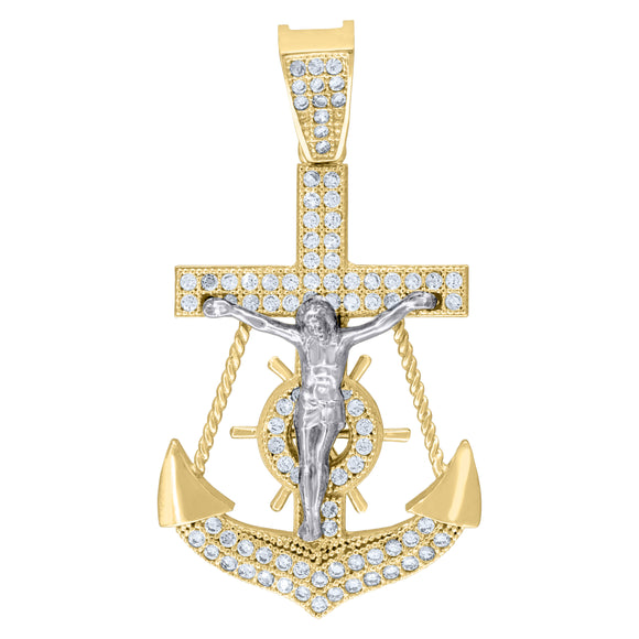 10kt Two-Tone Gold Womens Cubic-Zirconia Religious Anchor Crucifix Charm Pendant