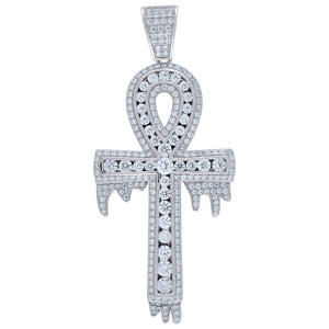 925 Sterling Silver Unisex CZ Ankh Cross Dripping Religious Charm Pendant
