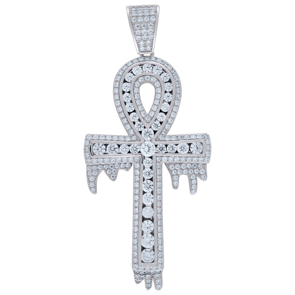 925 Sterling Silver Unisex CZ Ankh Cross Dripping Religious Charm Pendant