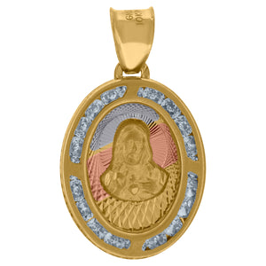 10kt Tri-color Gold Unisex Cubic-zirconia Textured Sacred Heart Of Jesus Religious Oval Charm Pendant