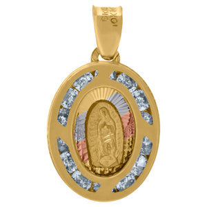 10kt Tri-color Gold Unisex Cubic-zirconia Diamond-cut Textured Lady Of Guadalupe Religious Oval Charm Pendant