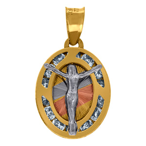 10kt Tri-color Gold Unisex Cubic-zirconia Textured Crucifix Religious Oval Charm Pendant