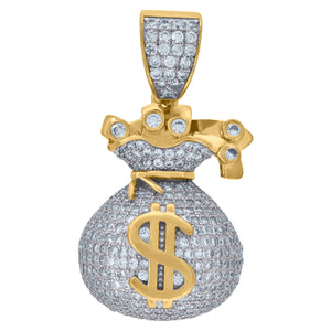 925 Sterling Silver Yellow-tone Mens Cubic Zirconia Gambling Money Bag Charm Pendant