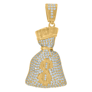 925 Sterling Silver Yellow-tone Mens Cubic Zirconia Gambling Money Bag Charm Pendant